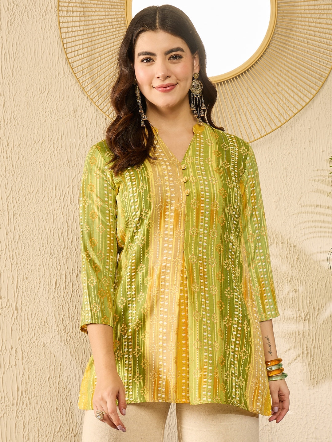 ZERESOUQ-Green-Rayon-Blend-Floral-Printed-Tunic-Top-Only