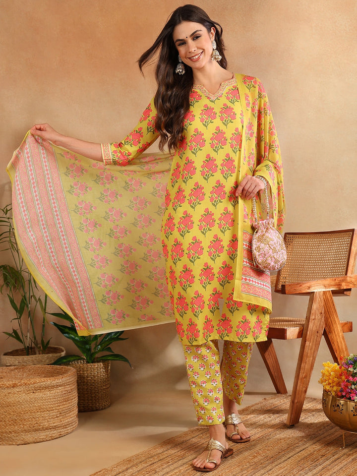 Green-Rayon-Blend-Floral-Printed-Straight-3-Piece-Kurta-Set