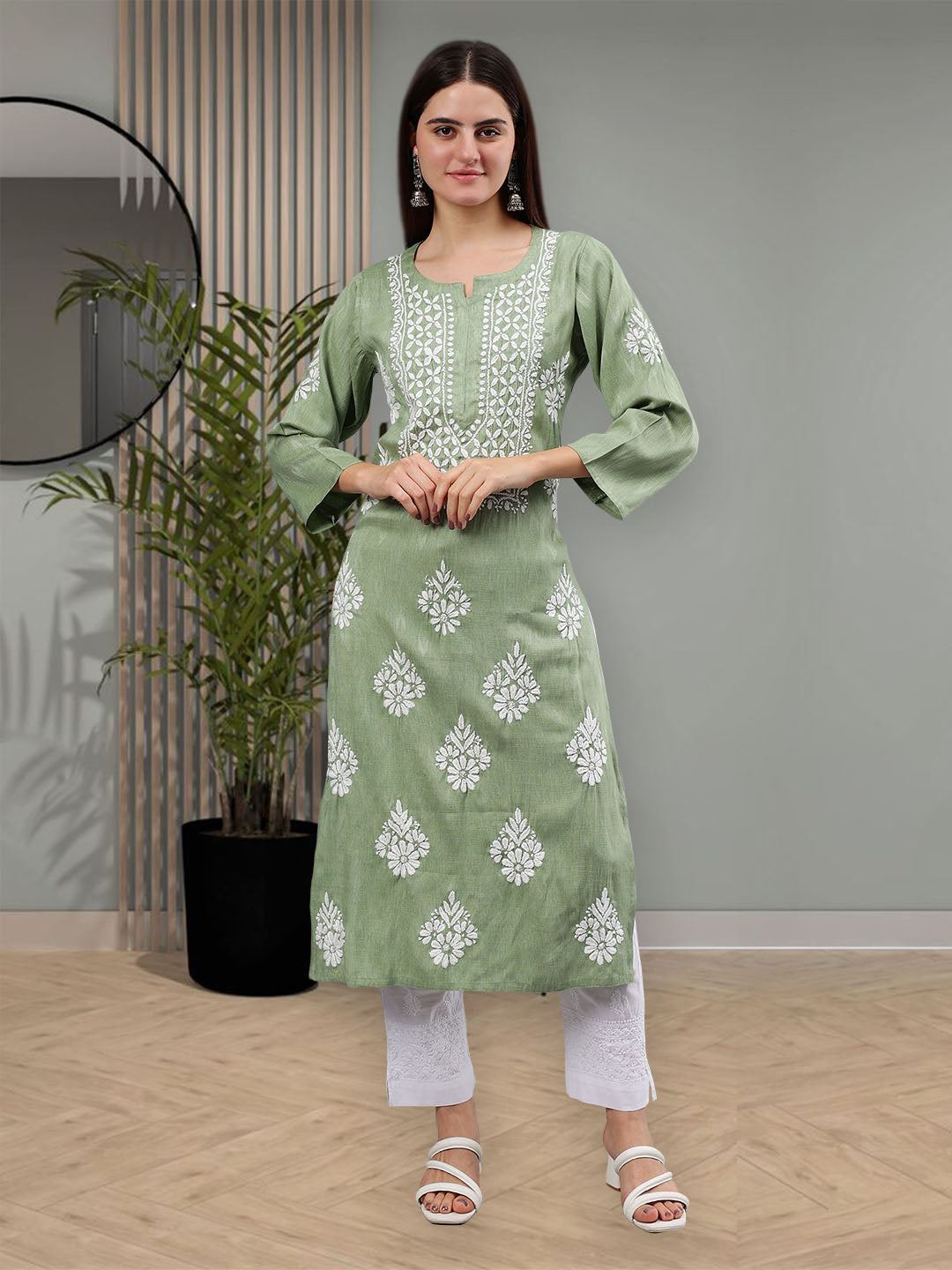 Green-Rayon-Embroidered-Chikankari-Kurti