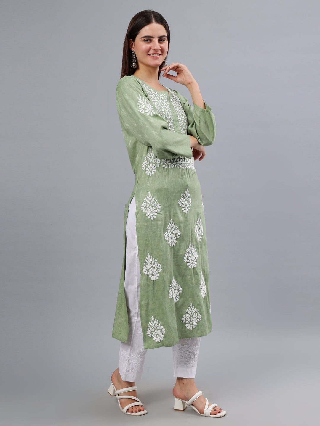 Green-Rayon-Embroidered-Chikankari-Kurti