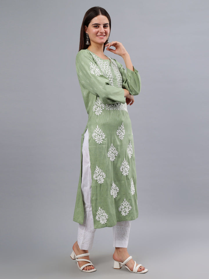 Green-Rayon-Embroidered-Chikankari-Kurti