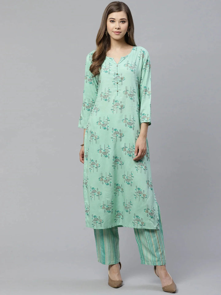 Green-Rayon-Floral-Printed-2-Piece-Kurta-Set