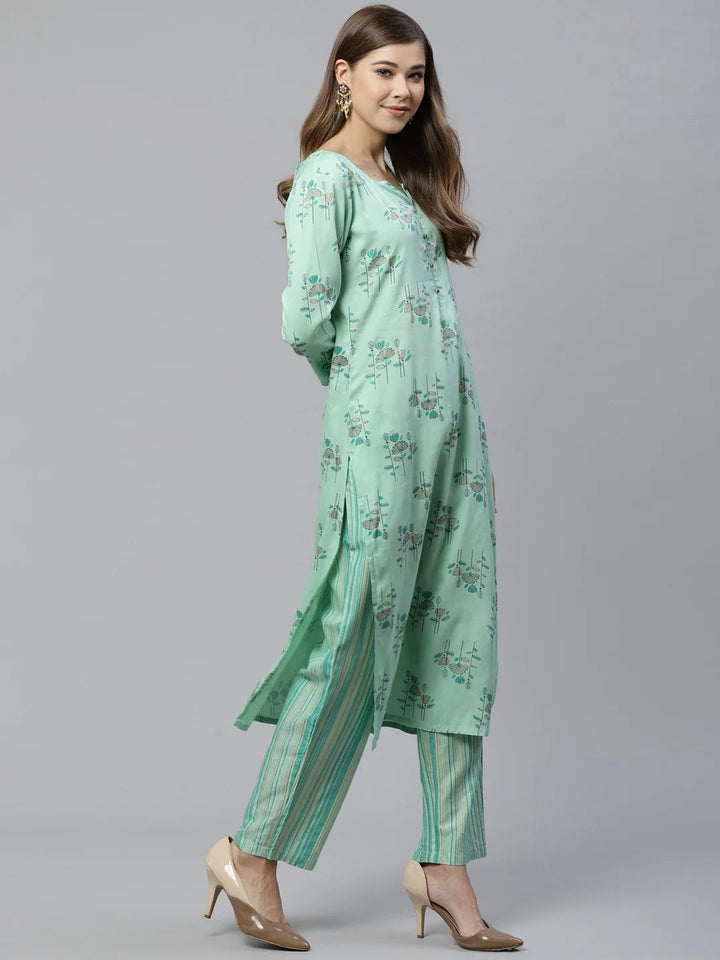 Green-Rayon-Floral-Printed-2-Piece-Kurta-Set