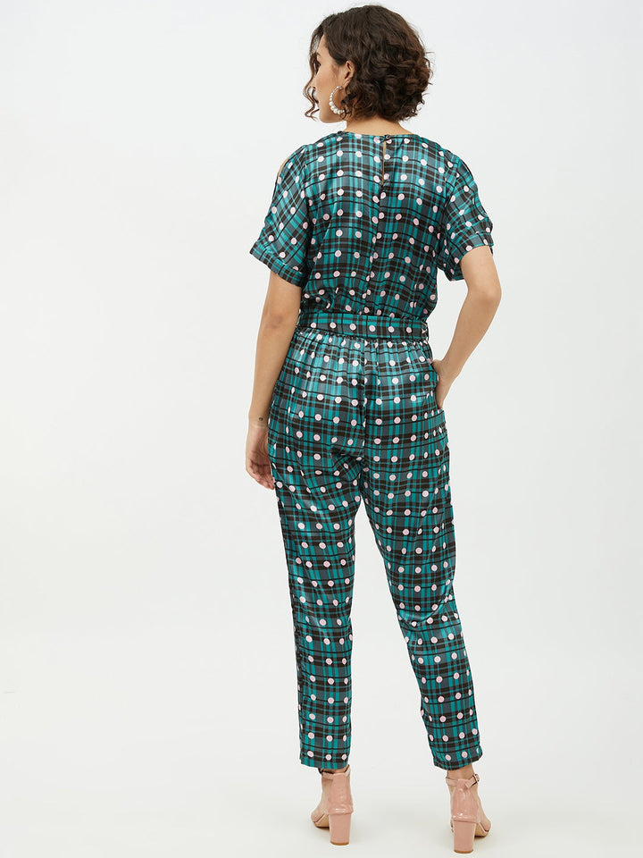 Green-Satin-Check-And-Dot-Print-Jumpsuit
