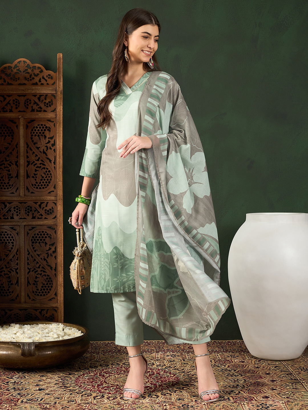 ZERESOUQ-Green-Silk-Blend-Abstract-Printed-3-Piece-Kurta-Set