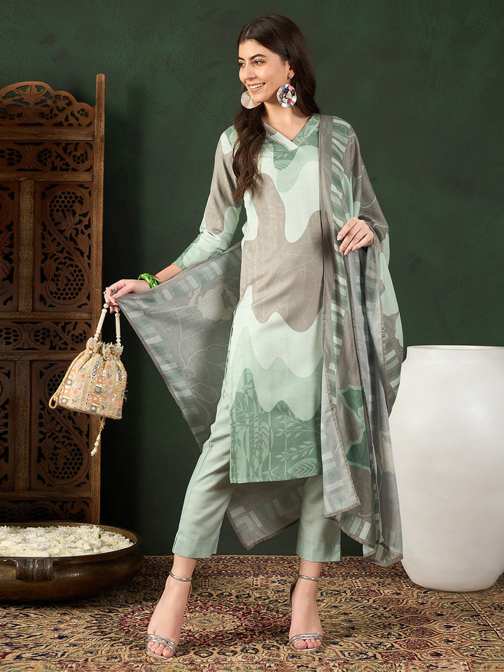 ZERESOUQ-Green-Silk-Blend-Abstract-Printed-3-Piece-Kurta-Set