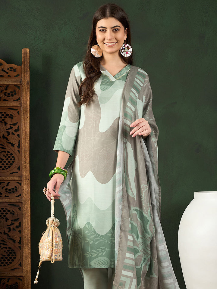 ZERESOUQ-Green-Silk-Blend-Abstract-Printed-3-Piece-Kurta-Set