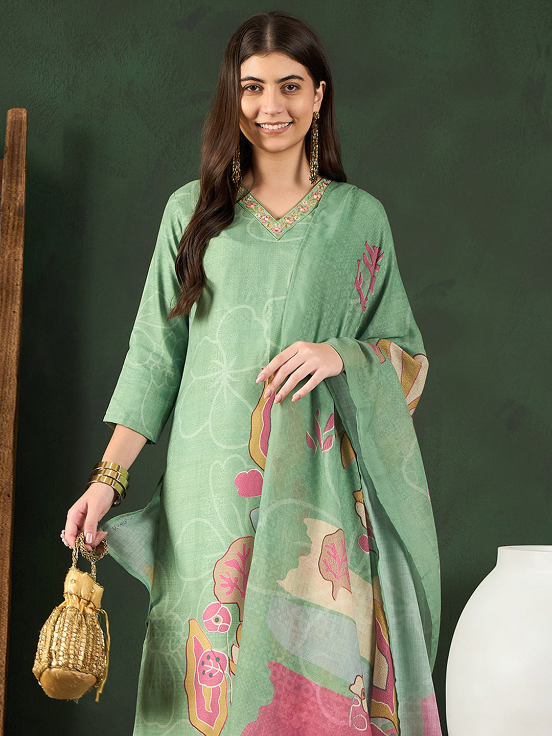 Green-Silk-Blend-Floral-Printed-3-Piece-Kurta-Set