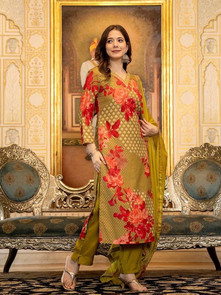 ZERESOUQ-Green-Silk-Blend-Floral-Printed-Straight-3-Piece-Kurta-Set