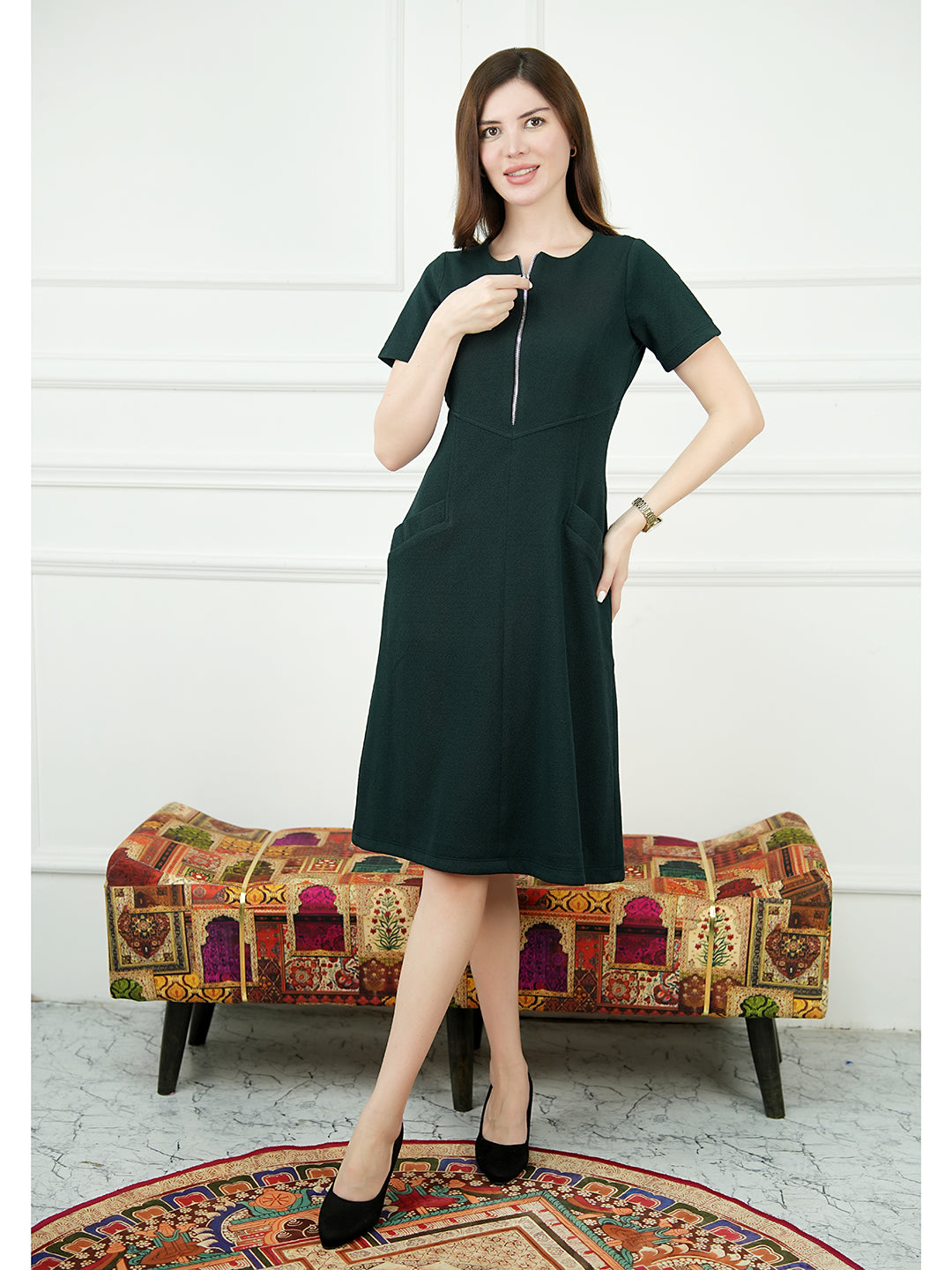 Green-Spandex-Celebration-A-Line-Zip-Dress-With-Pockets