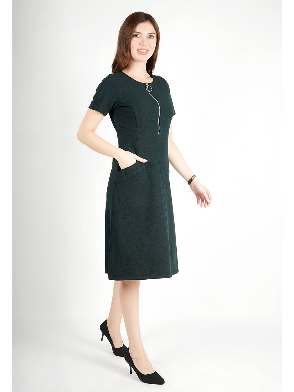 Green-Spandex-Celebration-A-Line-Zip-Dress-With-Pockets