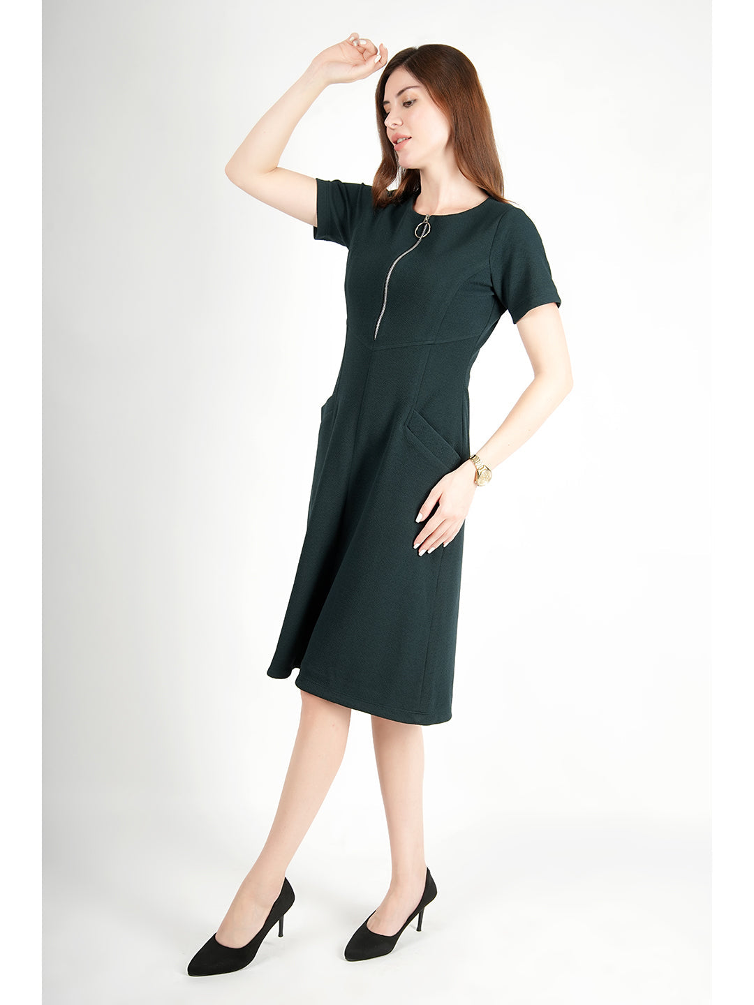 Green-Spandex-Celebration-A-Line-Zip-Dress-With-Pockets