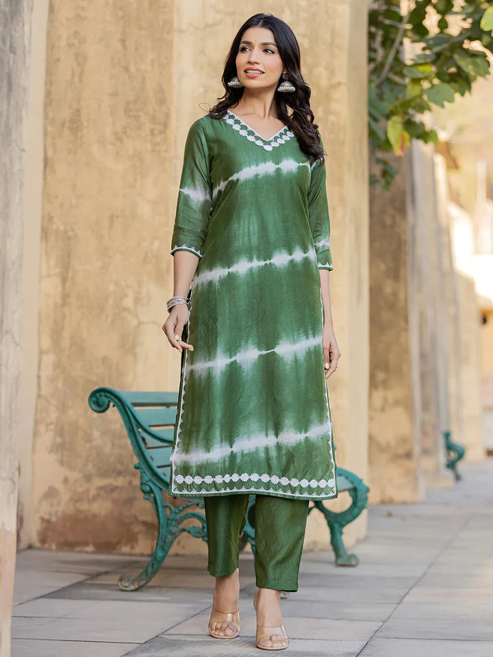 Green-Silk-Blend-Tie-Dye-Lace-Work-Yoke-2-Piece-Kurta-Set