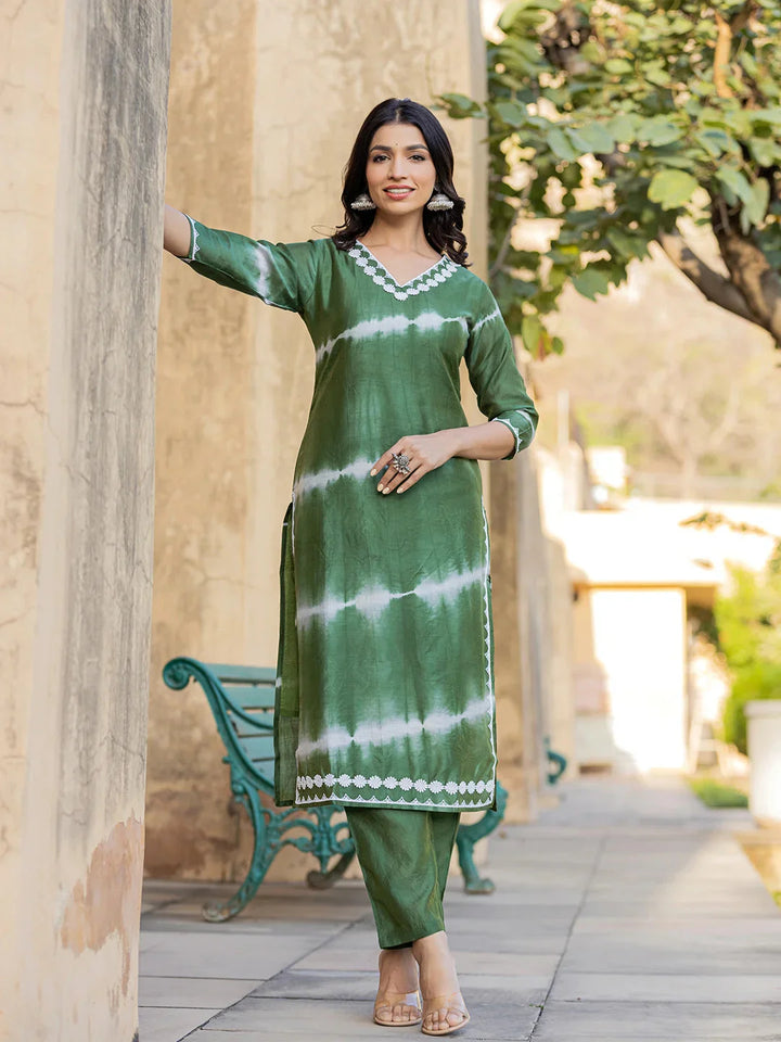 Green-Silk-Blend-Tie-Dye-Lace-Work-Yoke-2-Piece-Kurta-Set