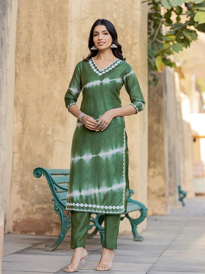 Green-Silk-Blend-Tie-Dye-Lace-Work-Yoke-2-Piece-Kurta-Set