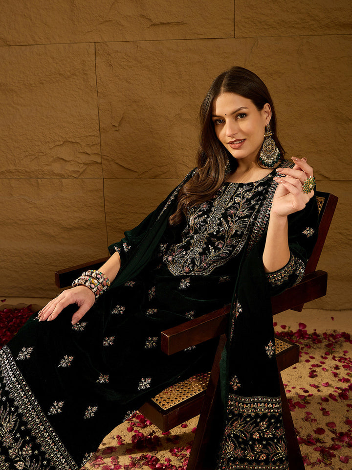 Green Velvet Ethnic Motifs Printed Straight 3-Piece Suit Set