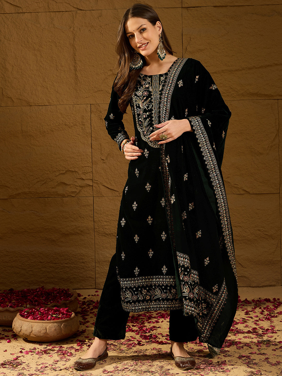 Green Velvet Ethnic Motifs Printed Straight 3-Piece Suit Set