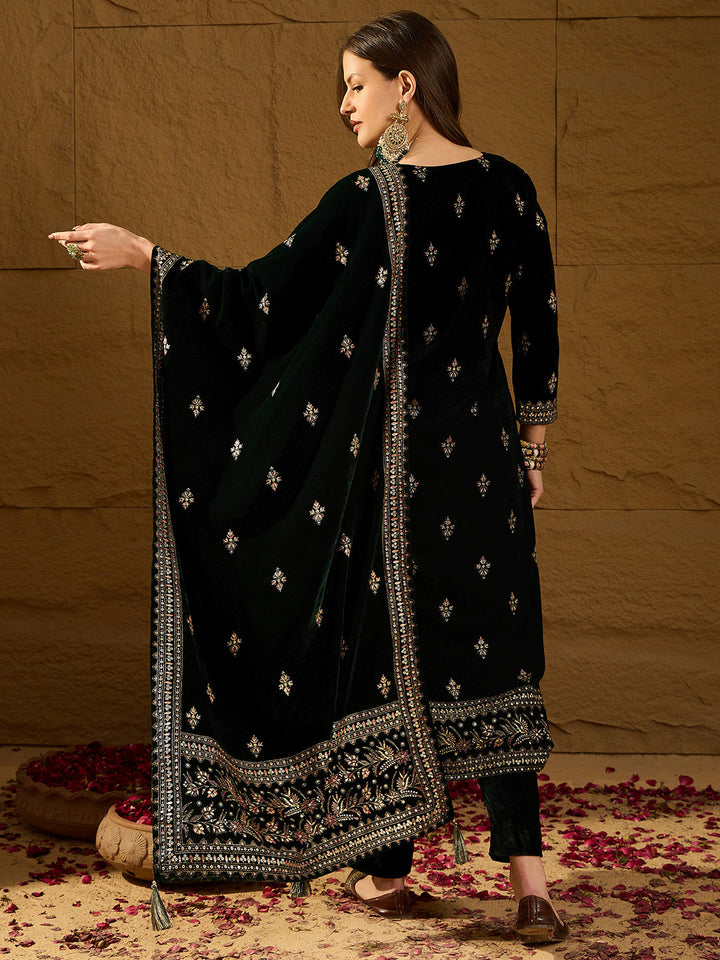 Green Velvet Ethnic Motifs Printed Straight 3-Piece Suit Set