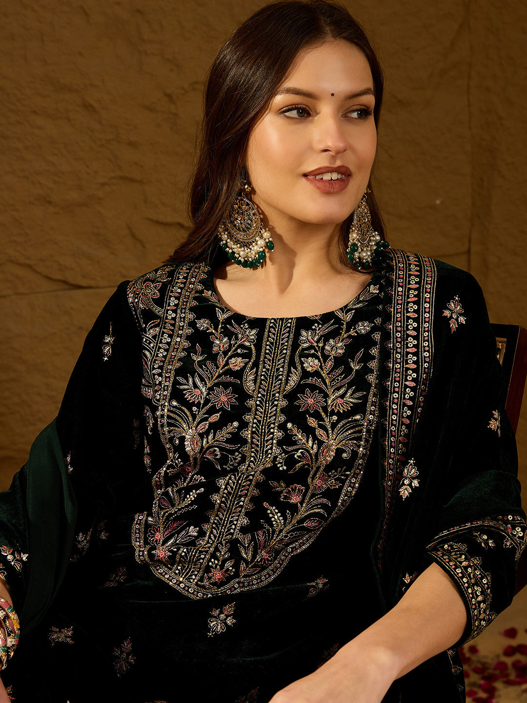 Green Velvet Ethnic Motifs Printed Straight 3-Piece Suit Set