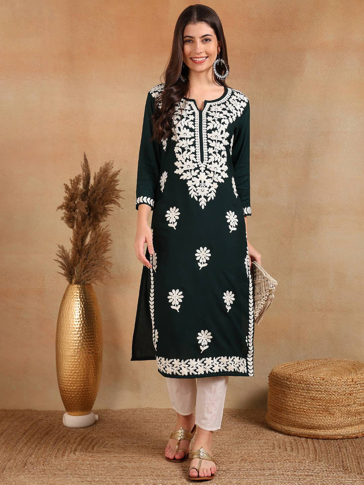 Green-Viscose-Rayon-Solid-Embroidered-Chikankari-Kurta