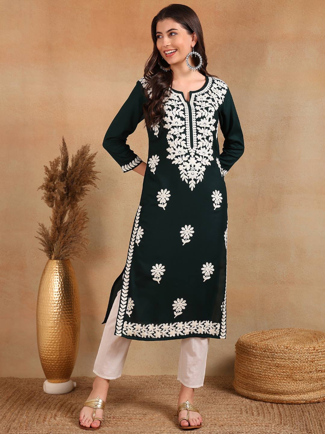 Green-Viscose-Rayon-Solid-Embroidered-Chikankari-Kurta