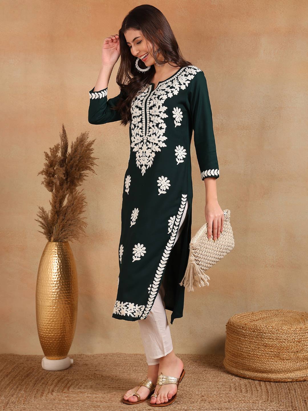 Green-Viscose-Rayon-Solid-Embroidered-Chikankari-Kurta