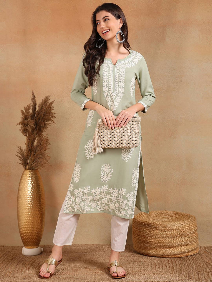 Green-Viscose-Rayon-Solid-Embroidery-Chikankari-Kurta