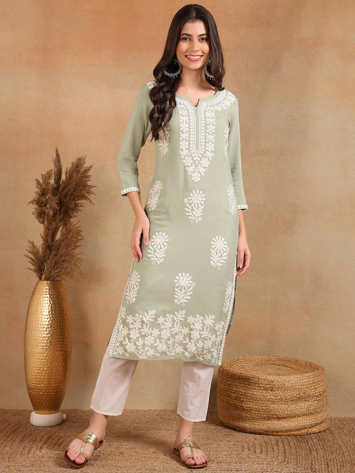 Green-Viscose-Rayon-Solid-Embroidery-Chikankari-Kurta