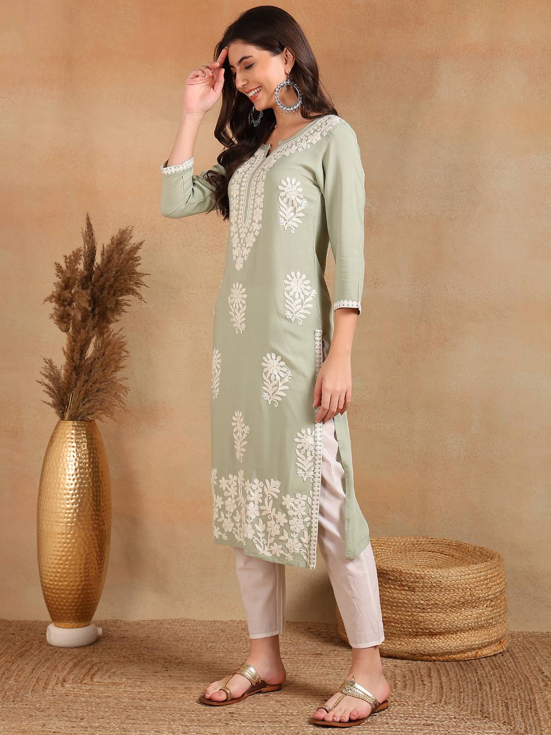 Green-Viscose-Rayon-Solid-Embroidery-Chikankari-Kurta