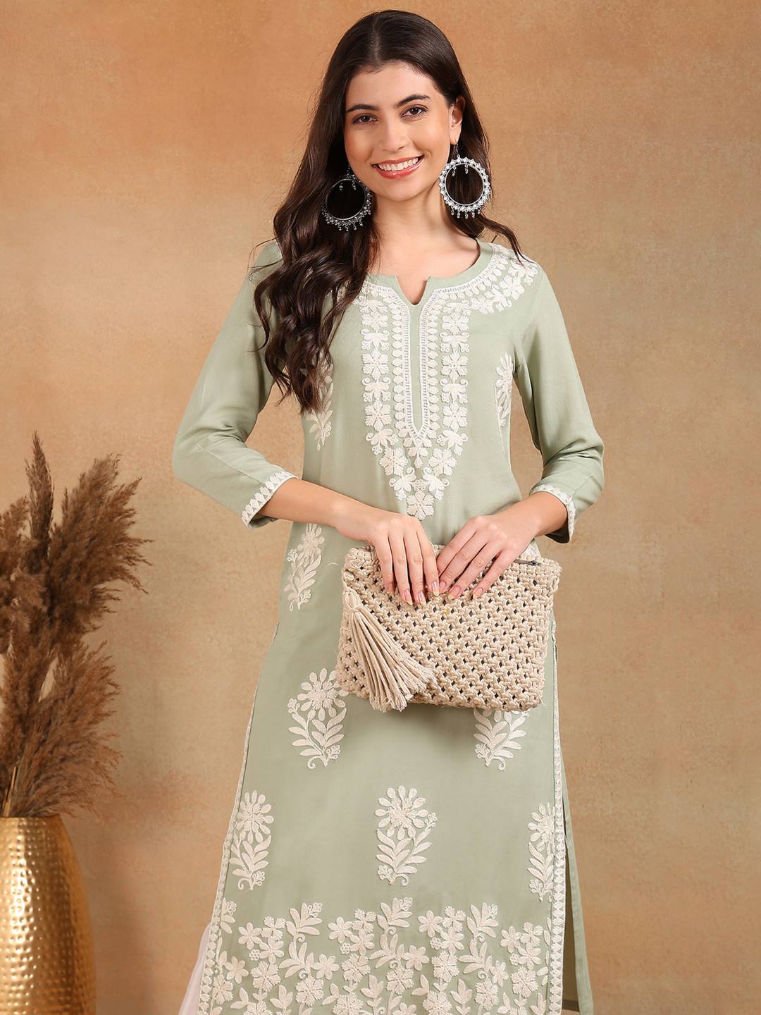 Green-Viscose-Rayon-Solid-Embroidery-Chikankari-Kurta