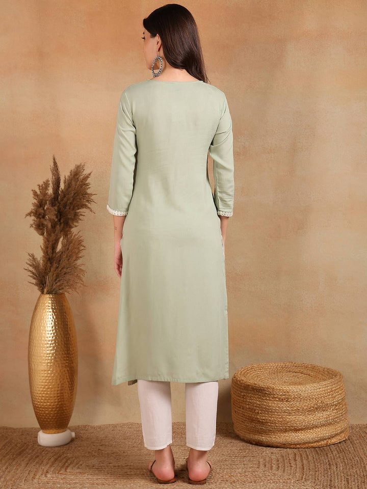 Green-Viscose-Rayon-Solid-Embroidery-Chikankari-Kurta