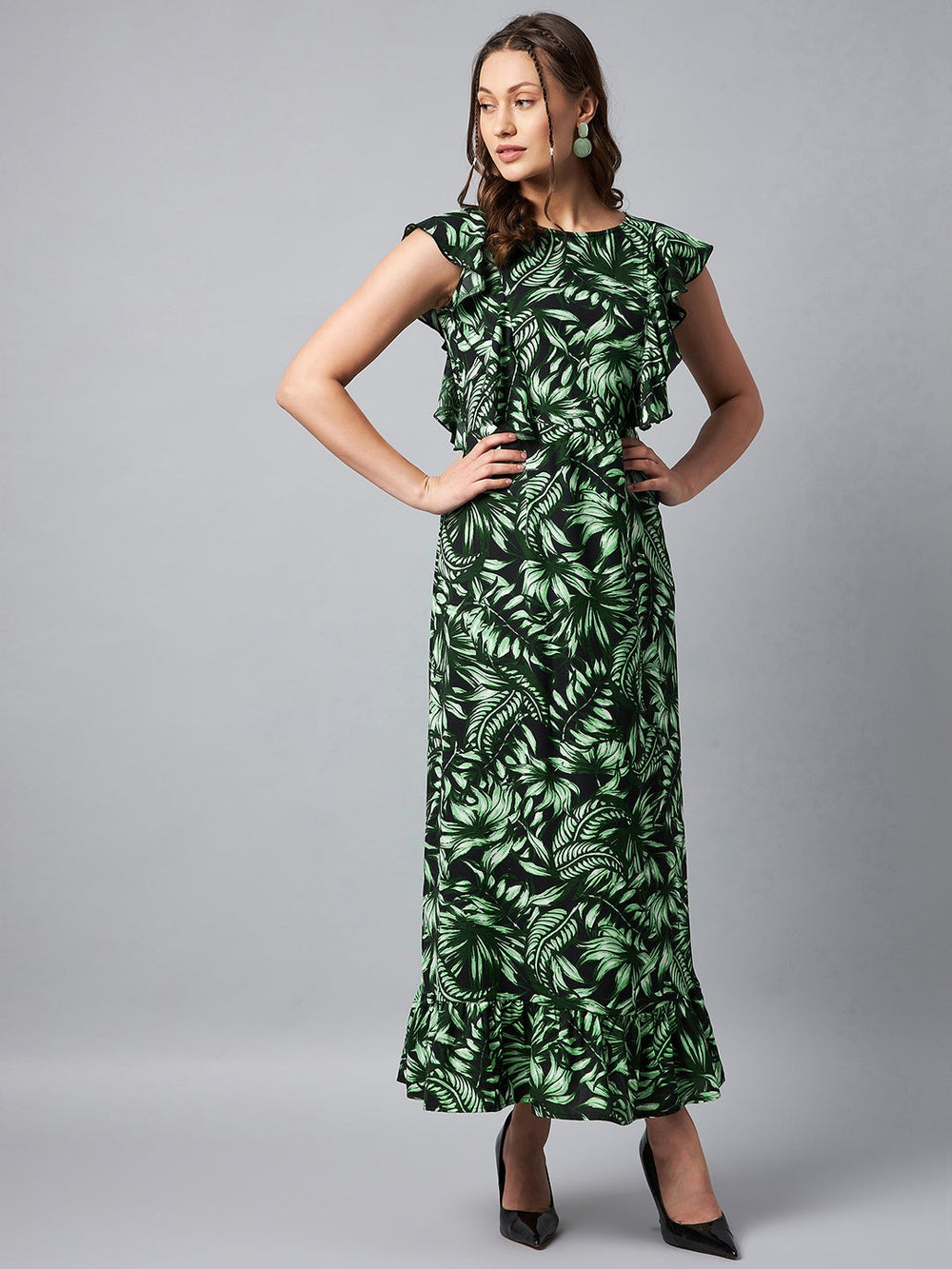 Green-&-Black-Polyester-Puff-Sleeve-Smock-Floral-Maxi-Dress