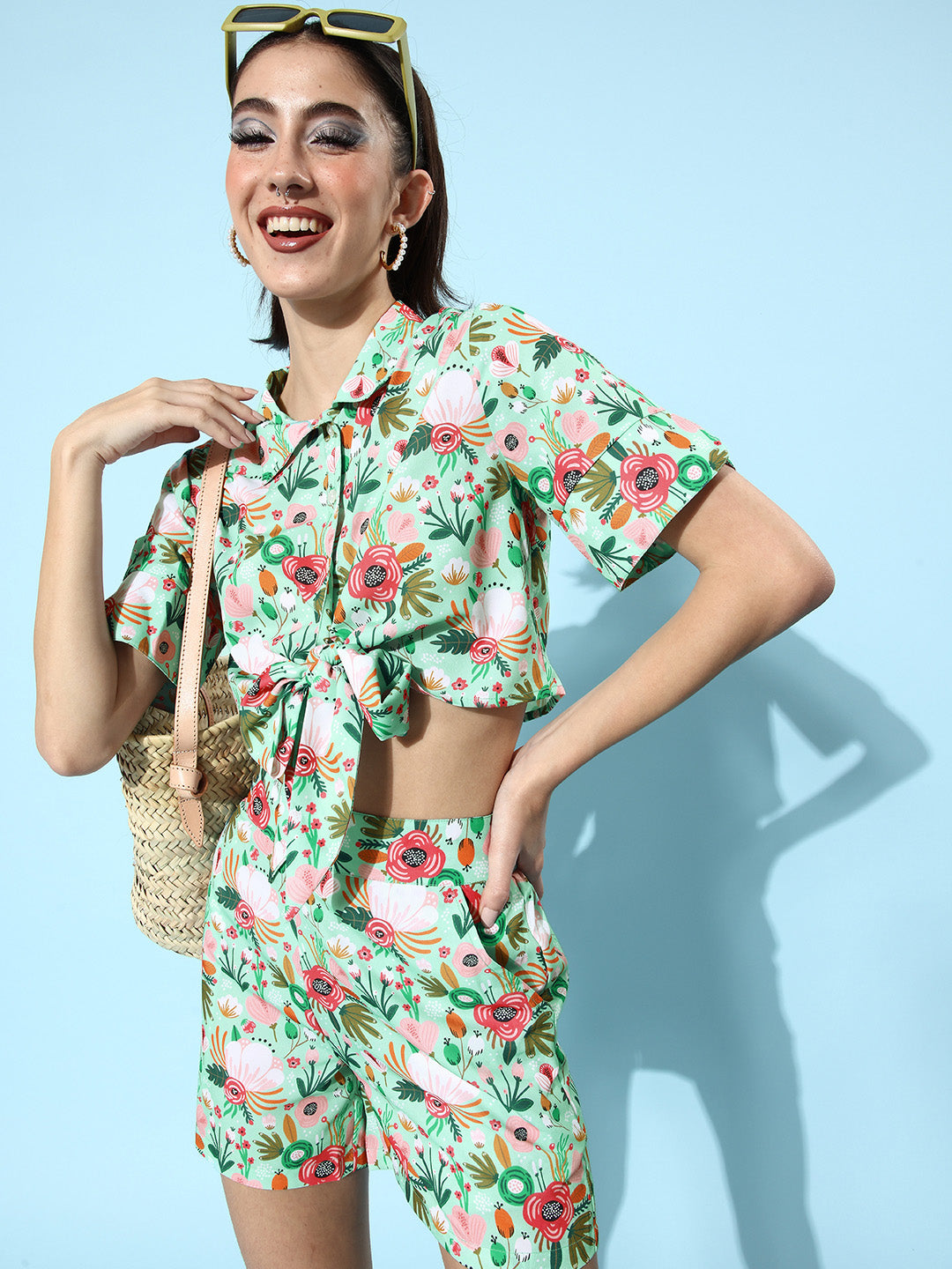 Green-&-Multi-Polyester-Floral-Top-And-Shorts