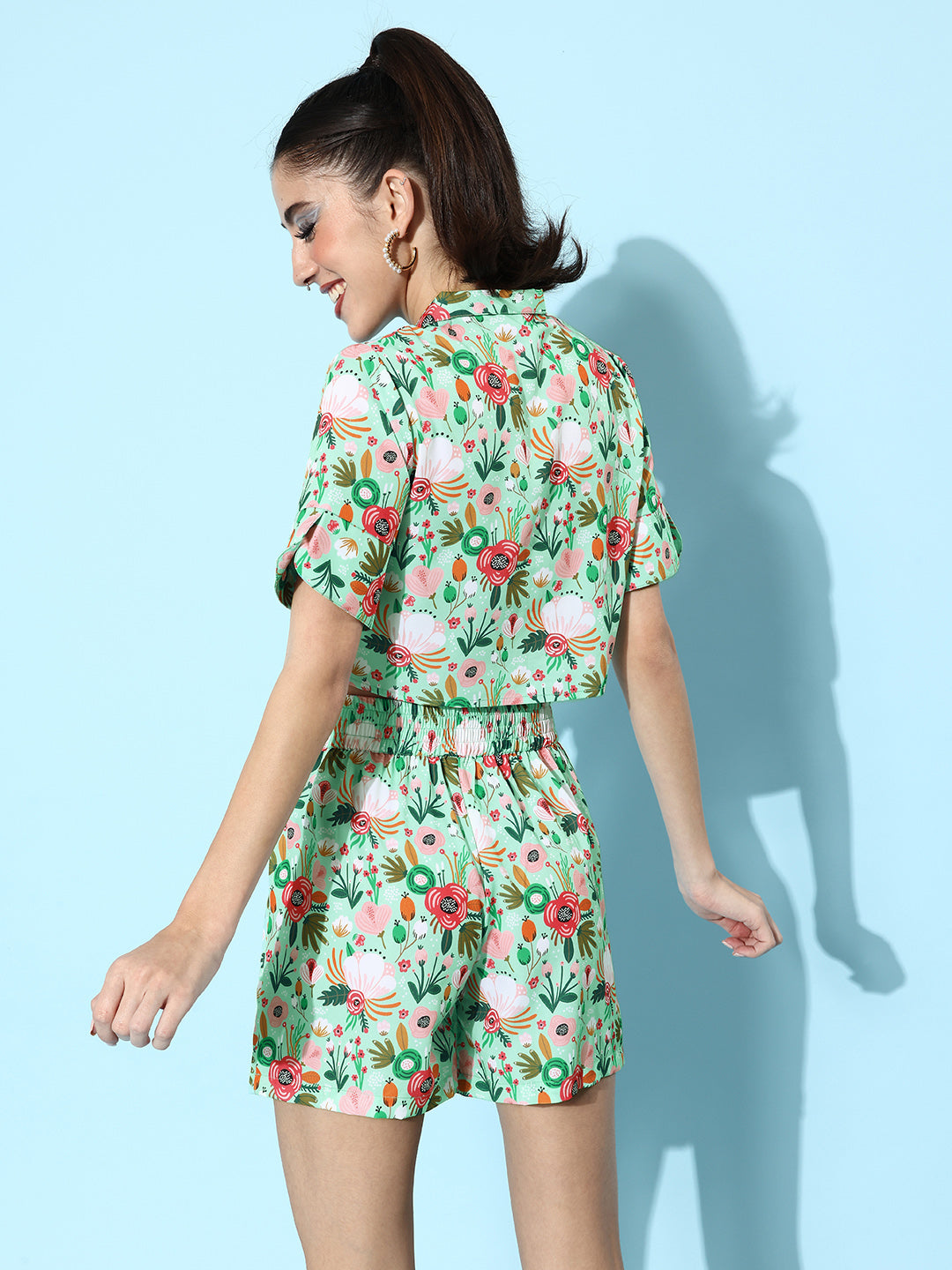 Green-&-Multi-Polyester-Floral-Top-And-Shorts