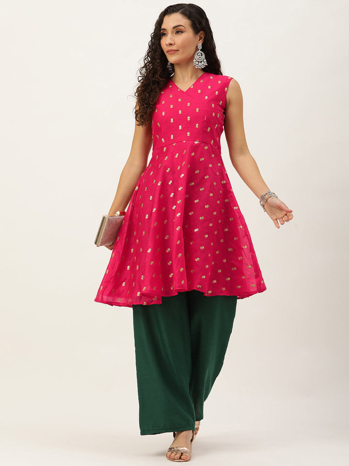 Green-&-Pink-Cotton-Chanderi-Embroidered-Kurta-Set