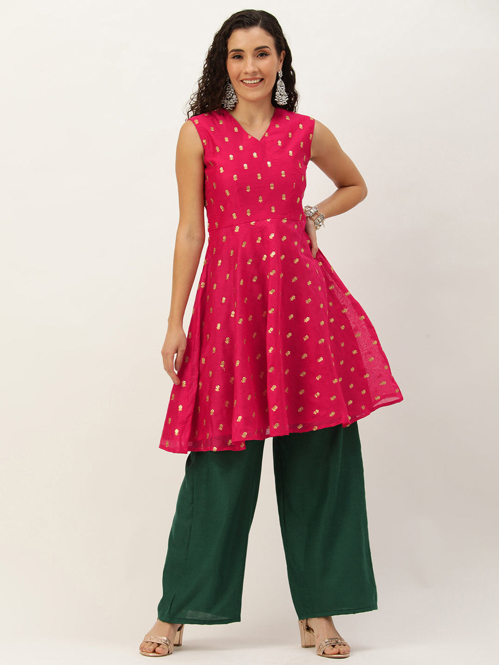 Green-&-Pink-Cotton-Chanderi-Embroidered-Kurta-Set