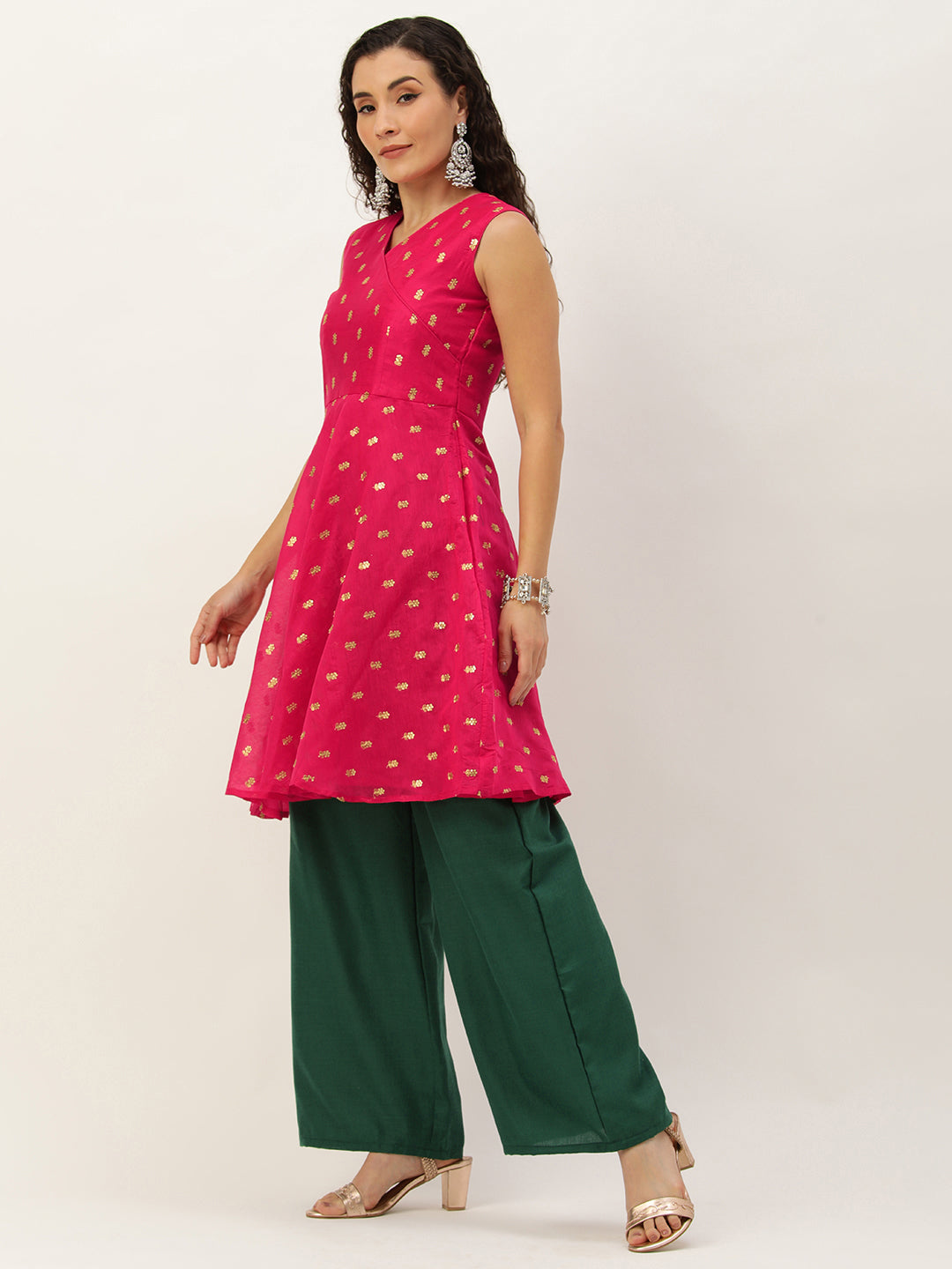 Green-&-Pink-Cotton-Chanderi-Embroidered-Kurta-Set