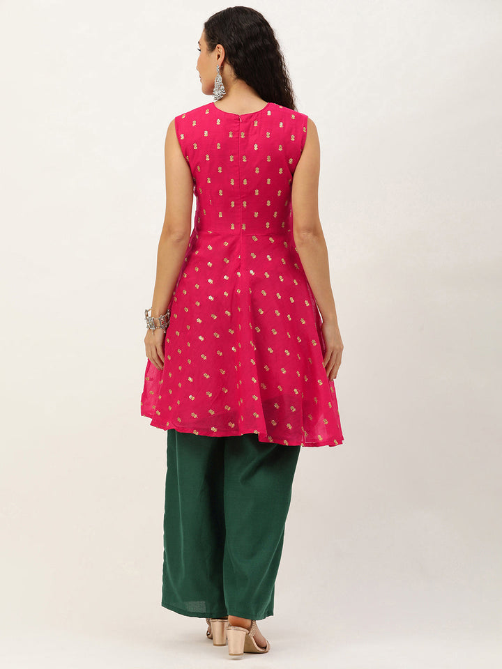 Green-&-Pink-Cotton-Chanderi-Embroidered-Kurta-Set