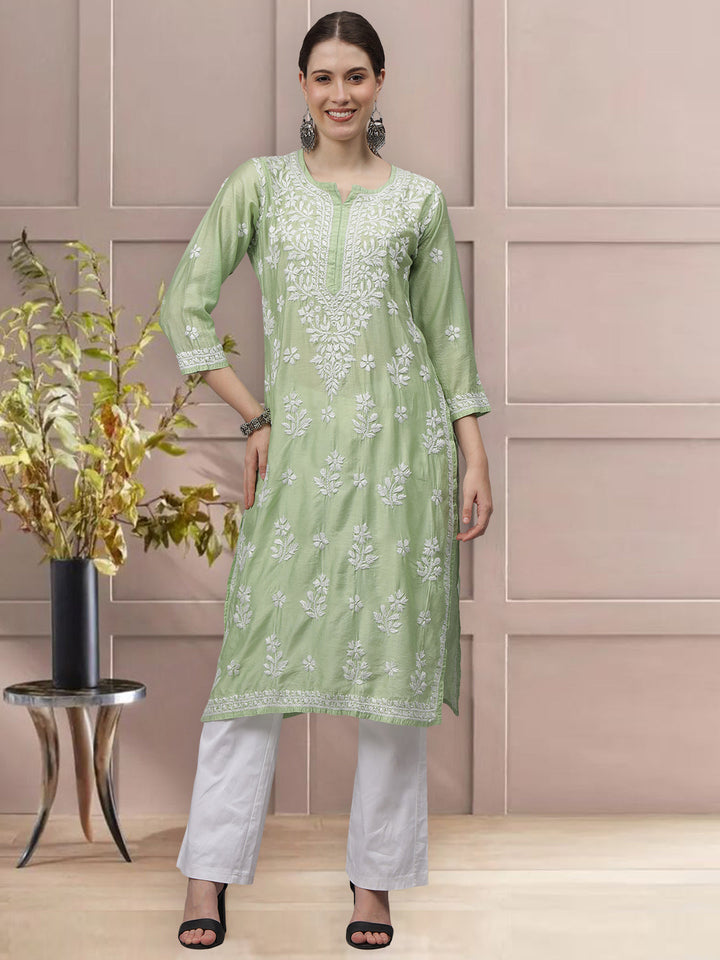 Green-&-White-Chanderi-Embroidered-Chikankari-Kurta