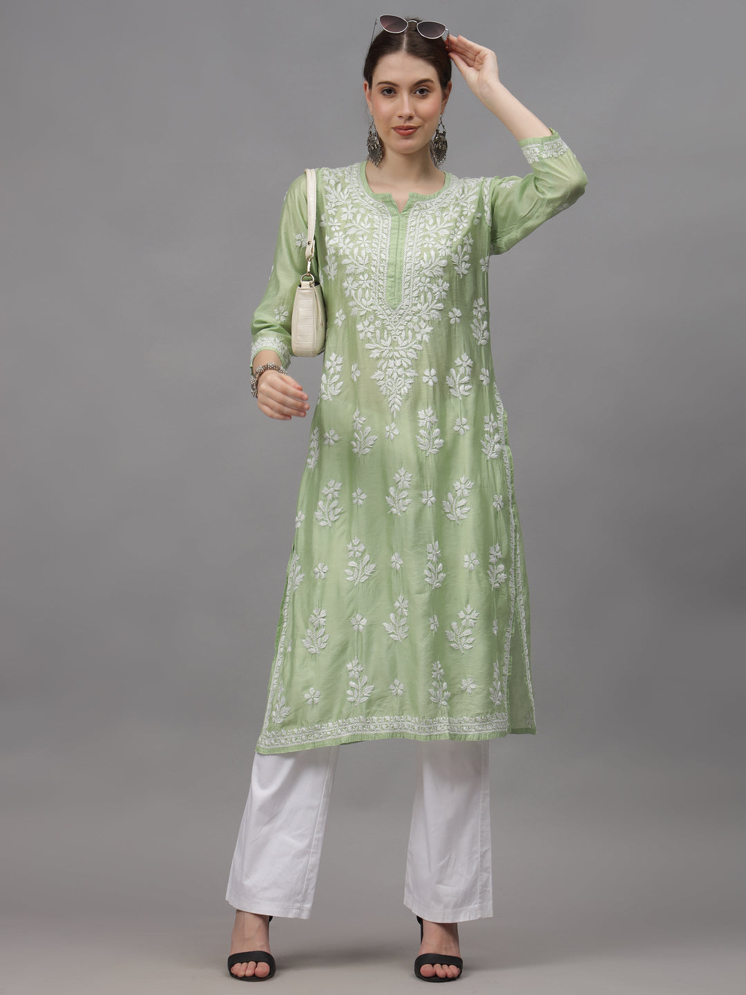 Green-&-White-Chanderi-Embroidered-Chikankari-Kurta