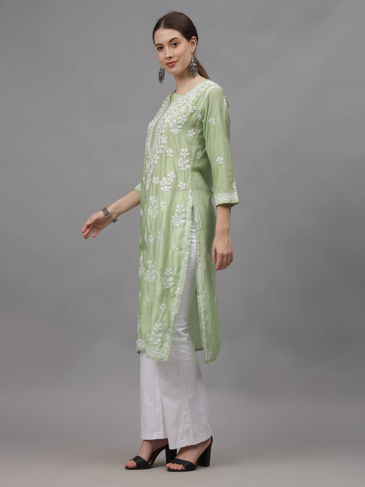 Green-&-White-Chanderi-Embroidered-Chikankari-Kurta