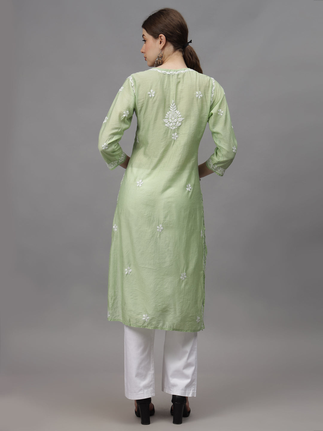 Green-&-White-Chanderi-Embroidered-Chikankari-Kurta