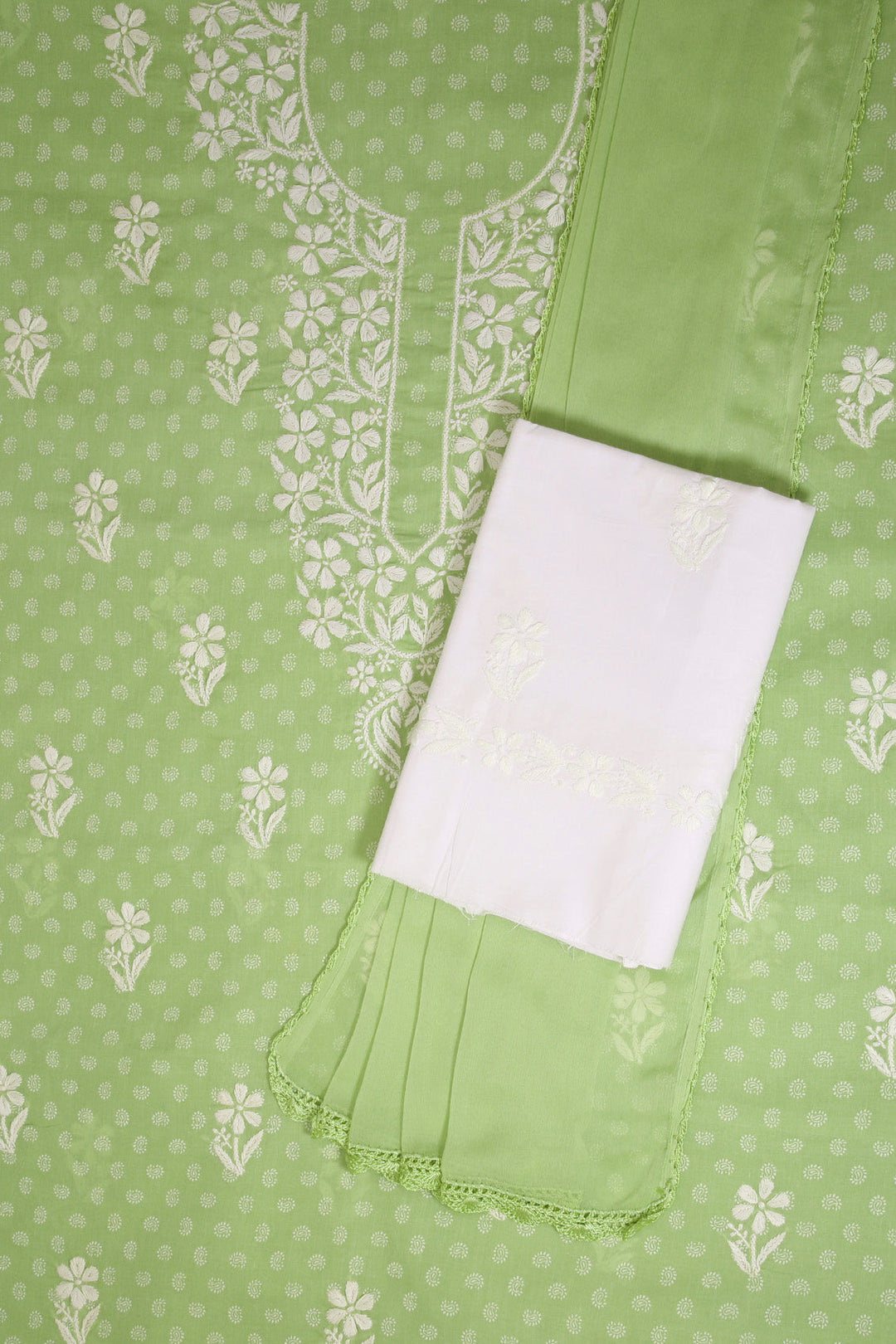 Green-&-White-Cotton-Embroidered-Chikankari-Dress-Material