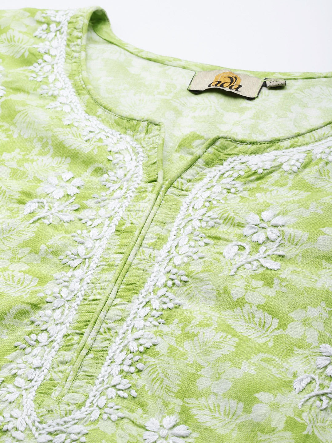 Green-&-White-Cotton-Embroidered-Chikankari-Kurti