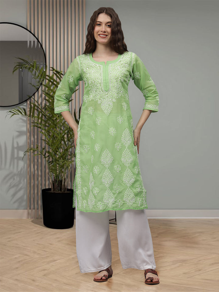 Green-&-White-Cotton-Embroidery-Chikankari-Kurti