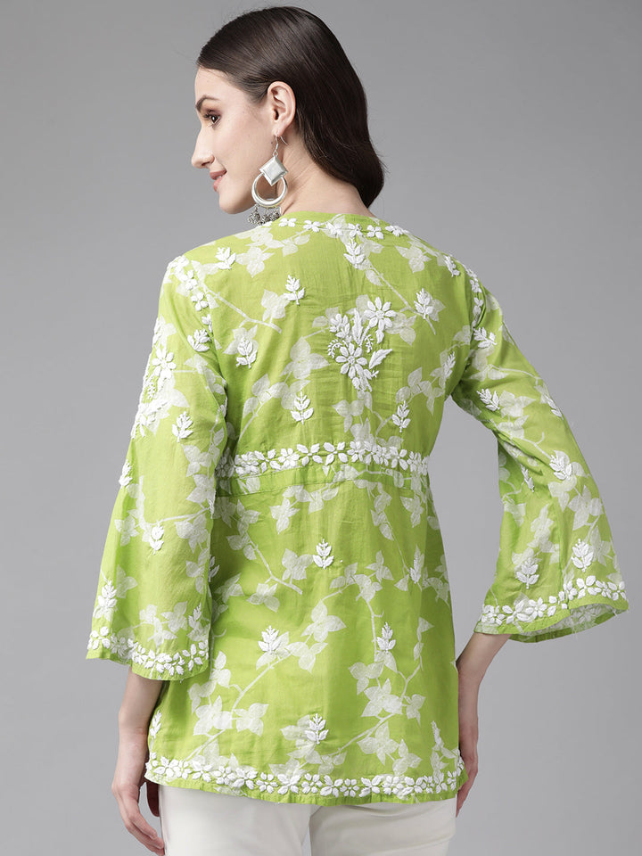 Green-&-White-Cotton-Floral-Hand-Embroidery-Chikankari-Kurti