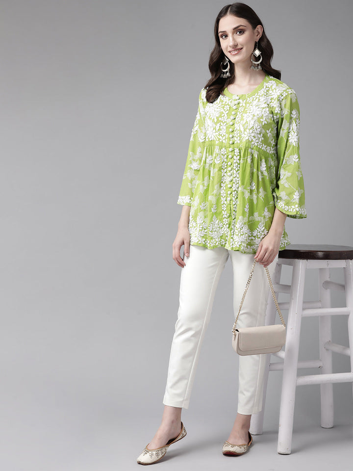 Green-&-White-Cotton-Floral-Hand-Embroidery-Chikankari-Kurti