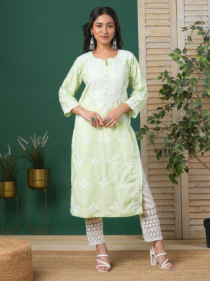 Green-&-White-Cotton-Floral-Notch-Neck-Chikankari-Kurta