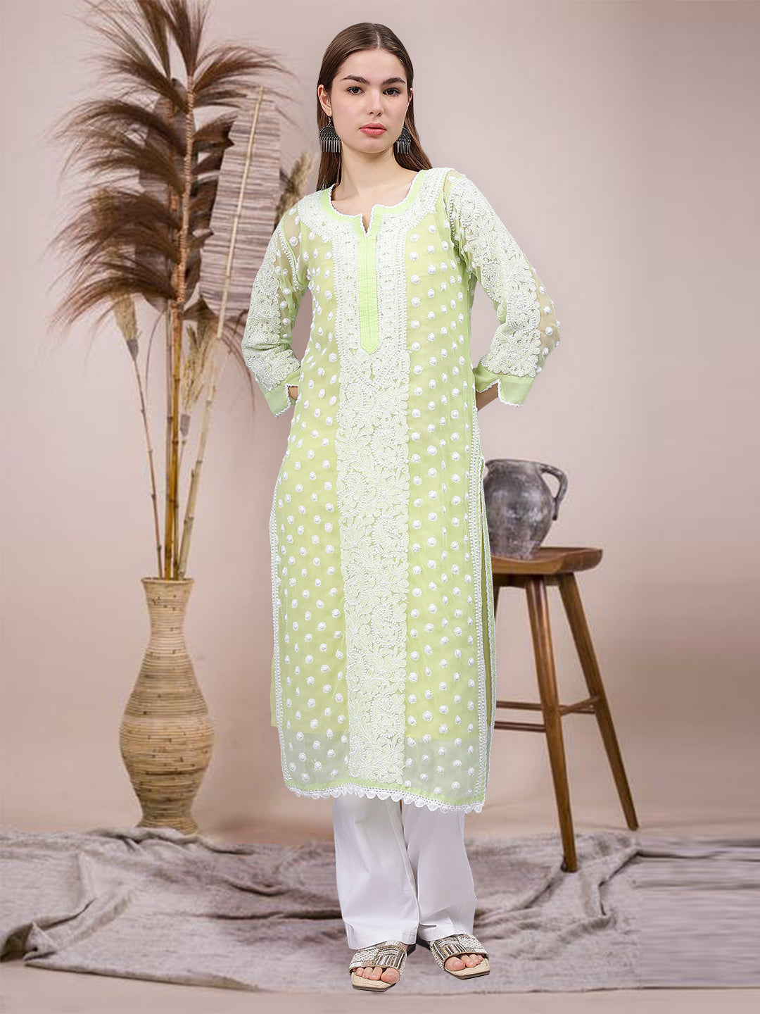 Green-&-White-Georgette-Embroidered-Chikankari-Kurti-With-Slip