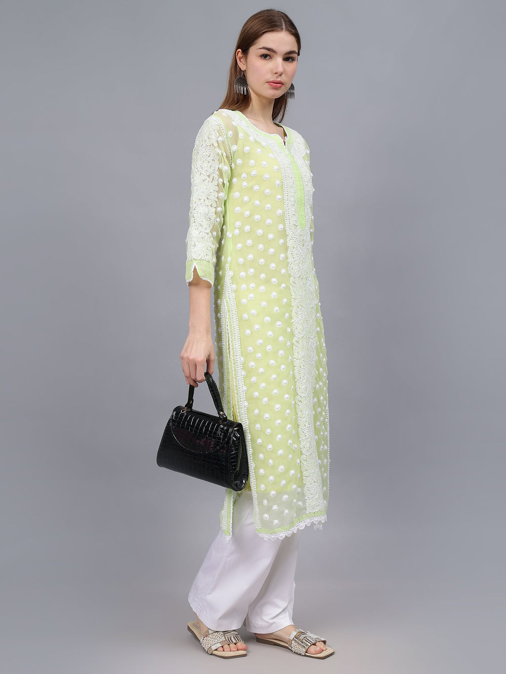 Green-&-White-Georgette-Embroidered-Chikankari-Kurti-With-Slip